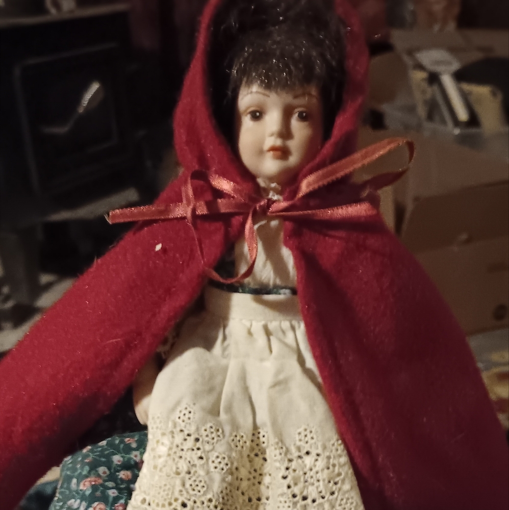 Vintage Doll with Red Hood and White Dress